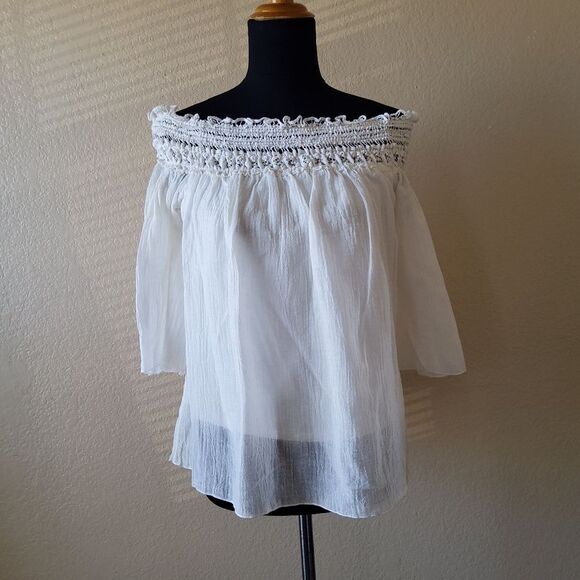 Bailey 44 Bareback Off Shoulder Embroidered Crochet Gauze Top Size M White - Picture 6 of 10